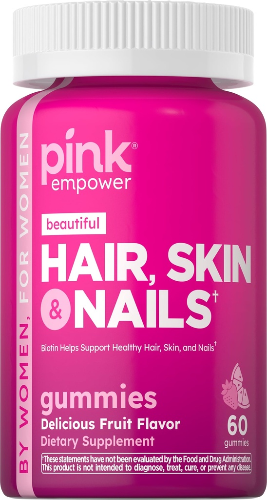 PINN Hair Skin Nails Gummies 124; 60 Count 124; Plus Collagen & Biotin 14; Non-GMO & Gluten Free Vitamin for Women 124; Strawberry Flavor