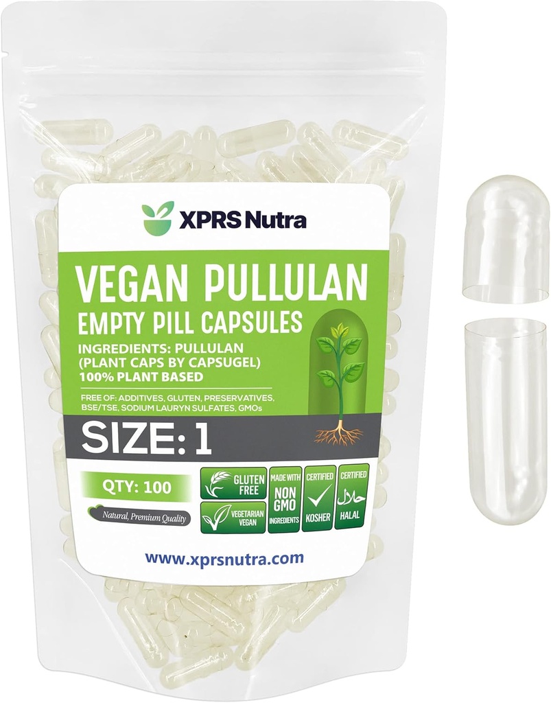 XPRS Nutra Ukuran 1 Pullalan Kapsul Kosong - 100 Menghitung Clean Label Plantcaps Bersihkan Kosong Vegan Kapsul - Premium Vegetarian Pil - Doit- Yourself Capsule Filling Consule