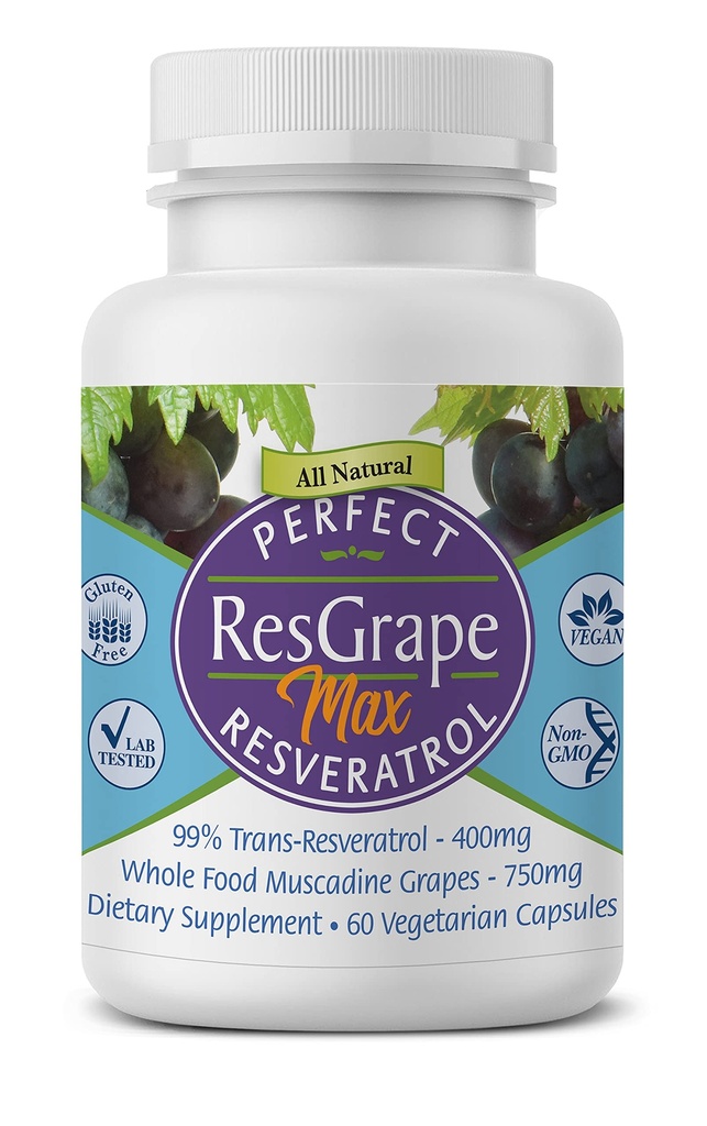 Suplemen Sempurna - Perfect Resgrape Resveratrol MAX - 60 Capsules - Trans- Resveratrol & Organic Muscadine Graps - Promes Anti- Aging