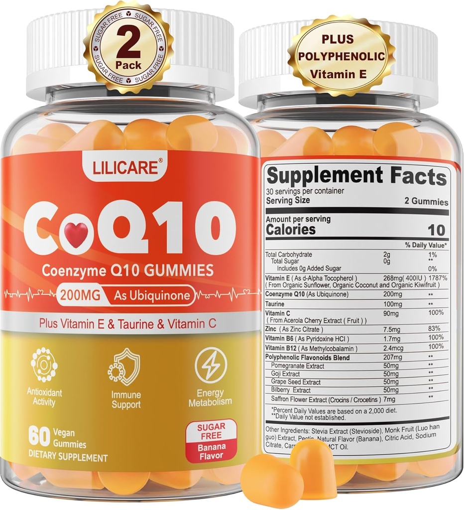 Sugar-Free CoQ10 200mg Gummies - Koenzim Q10 w / Taurine, Vitamin E, C, B6, B12, Zinc - Tambahan Absorpsi CoQ10 untuk Antioksidant, Cellular Energy & Hear- t Kesehatan, Vegan 120 C