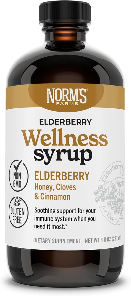 Norm 's Farms Wellness Black Elderberry Syrup dengan Honey, Cinnamon & Cloves - Made in USA, Natural Ammune Support, No Alkohol atau Fillers, Gluten- Free, Non-GMO, Vegan, Murni Elderberry Juice Syrup - 8 Oz