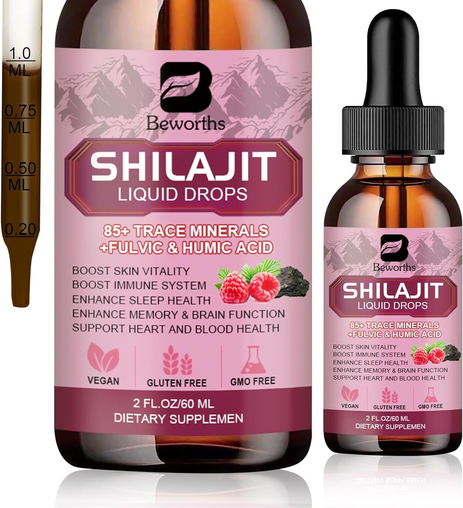 Shilajit Resin Liquid Drops 126; Organik Shilajit 85 + Trace Kompleks Mineral dengan Ashwagandha, Turmeric, Ginseng, Coba Supppplemen Divalry, Energi Booster - Vegan