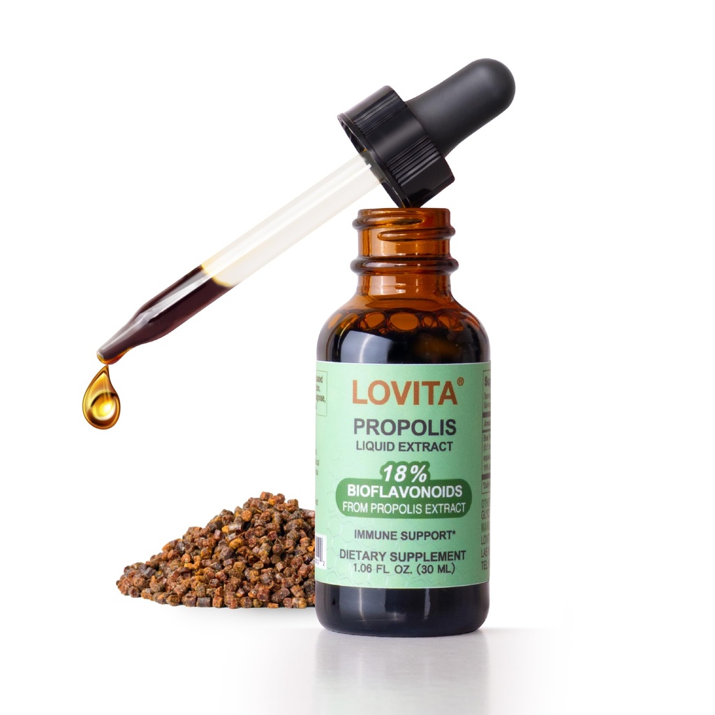 Lovita Bee Propolis Liquid Extract 500mg, 5: 1 Resin Drops with 18% Bioflavonoid, Alcohol- Free Antioksidant, Immune Support & Throat Soothing, Gluten- Free, Non-GMO, 1 Fl Oz (30 ML), 30 Hari Suppply