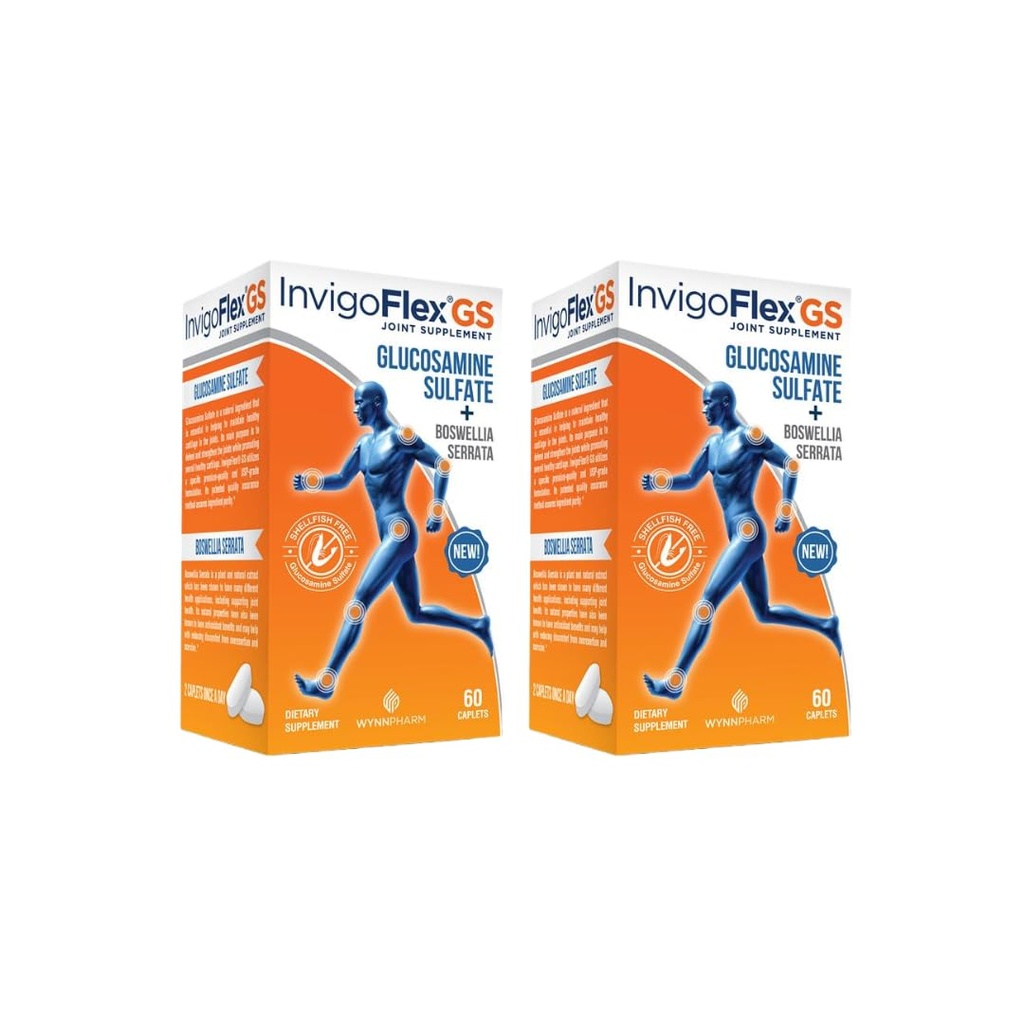 INVIGOFLEX Glucosamin Sulfate (Shellfish Free, Sodium Free & Vegetarian Safe) Non GMO, Gluten Free - with Boswellia Serrata - Premium Joint Supplement - 2 Pack