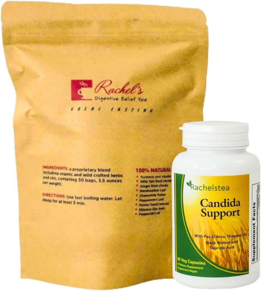 Rachel 's Tea and Candida Dukung: 30 Day Suply Turmeric, Wild Yam, Ginger, Peppermint, Fennel, Slippery Elm + Candida Dukung Kapsul