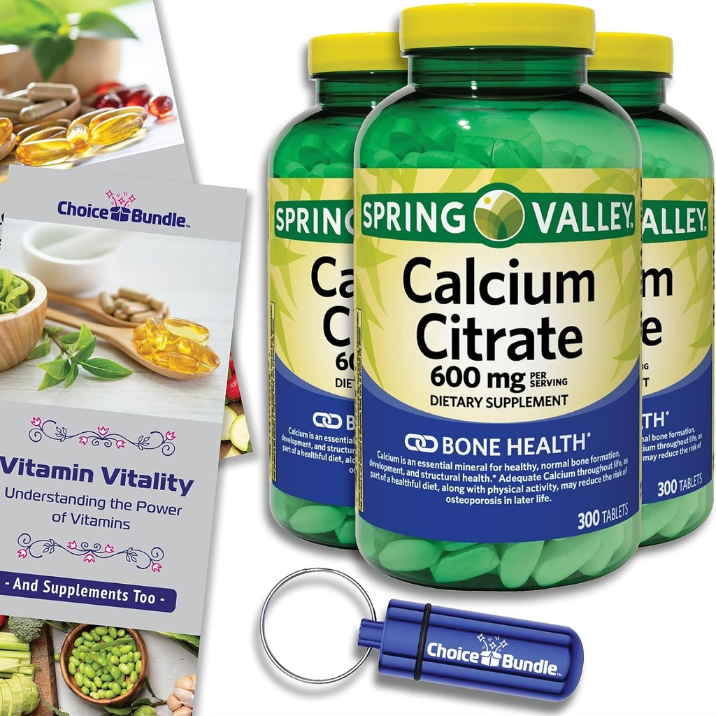 Spring Valley Calcium Citrate Tablet Diet Suplemen 600 mg 300 Ct 3 pk Choice Bundle (900 Total) + Vitamin Panduan & Pil (5 Item)!