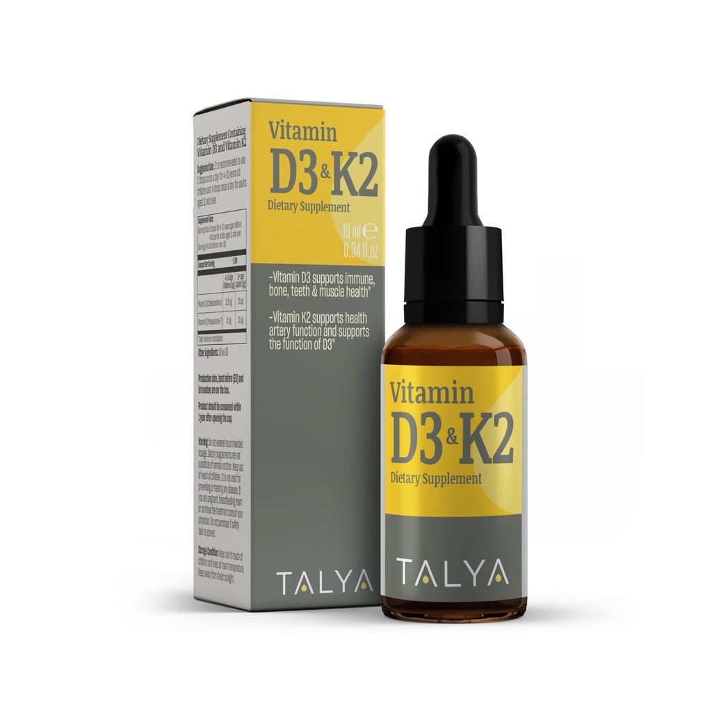 TALYA Vitamin D3 dan K2 124; Liquid Vitamin D3 dengan K2 Drops 14; 1000 IU 124; Imune Dukungan - Membantu Kuat Bones & Heally Heart 124; Non- GMO 124; Vegan 124; 60 Servings, 0.34 f.oz