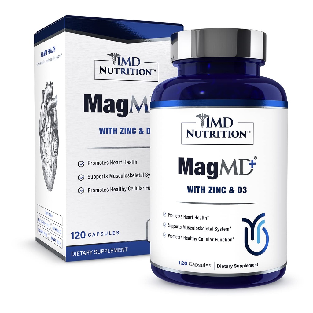 1MD MagMD Nutres Plus - Magnesium dengan Zinc & D3 124; Promotes Heart Health, Support Bone & Muscle Strength, and Aids Immune System - 120 Ct