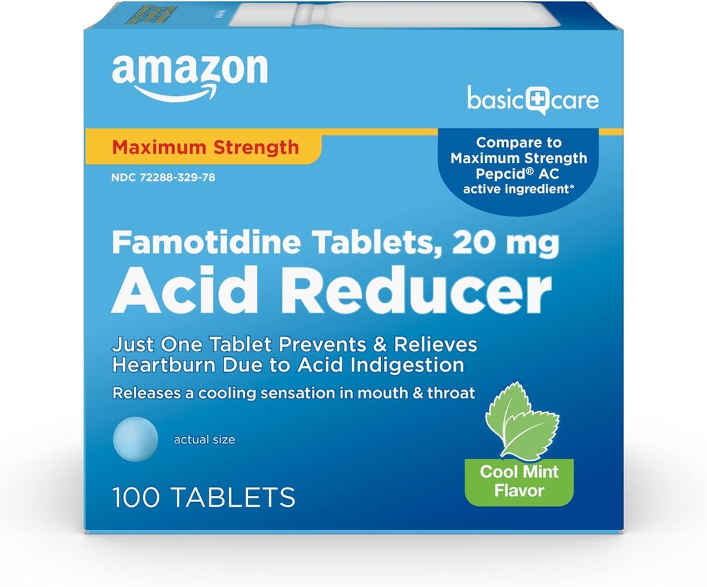 Basic Care Fomotidine 20mg Cool Mint Tablet, 100 Count, White