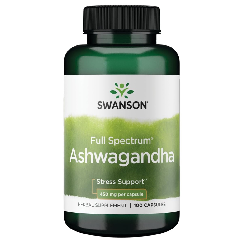 Swanson Ashwagandha Powder Suplement - Ashwagandha Root & Aerial Parts - Prombes Stress Relief & Energy - Ayurvedic Suplemen Natural Wellness (100 Capsules, 450mg Setiap)