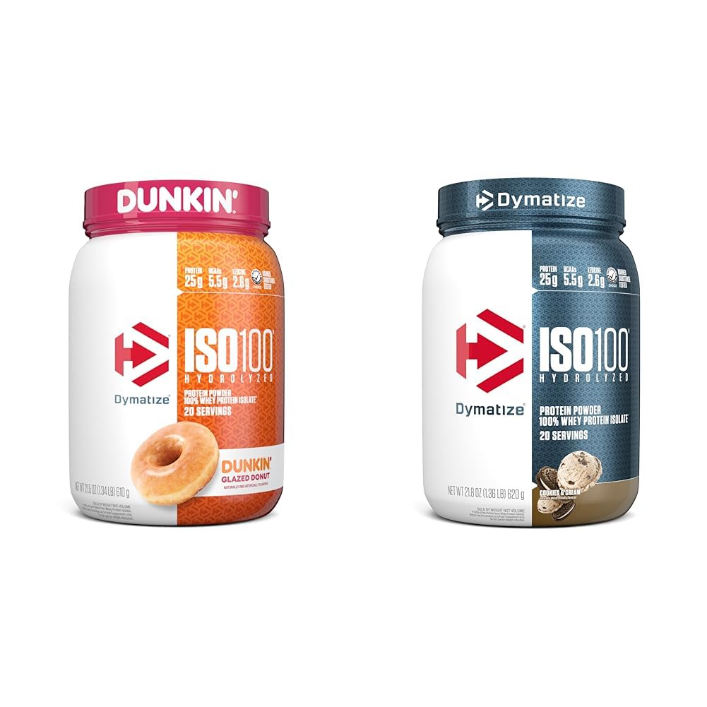 dymatize ISO100 Hydrolyzed Protein Powder, 100% Whey Isolate, Dunkin 'Glazed Donut Flavor, 20 Servids & ISO100 Hydrolyzed Protein Powder, 100% Whey Isolate Protein, 25g Protein, 5.5g BCAAs