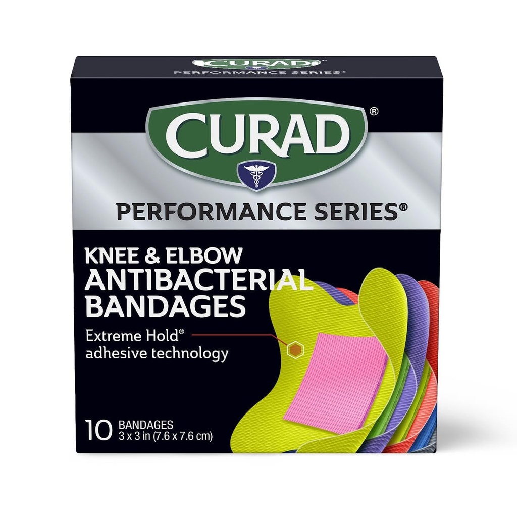 CURAD Performance Series IRONMAN Antibakteri Bandages, Extreme Hold Adhesive Technology, Knee & Elbow 3 inci x 3 inci, 10 Count, Ideal untuk Cuts, Scrapes, Olahraga, dan Gaya Hidup Aktif