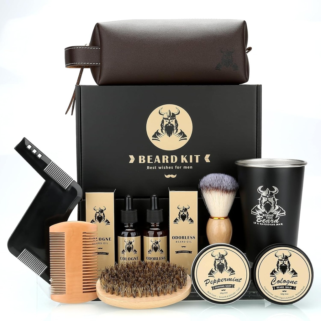 Beard Kit Gifts for Men, Father 's Day Birthing Gifts for Men Dad Him, Grooming & Tool Complete Set, Beard Care Kit with 2 Beard Growth Oil / Balm / Brush / Saving Soap / Cup & Cup