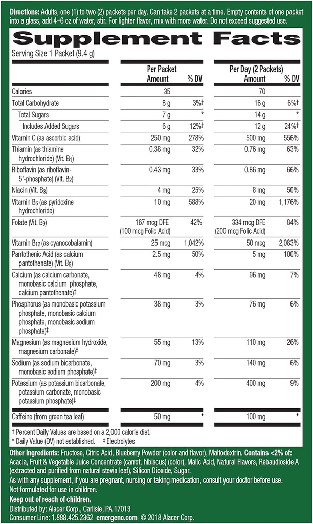 Emergen- C Energy +, Dengan B Vitamin, Vitamin C Dan Natural Caffeine Dari Green Tea (Blueberry Acai Flavor) Persediaan Diet Minum Mix, 0.33 Paket Ounce (Paket 18)