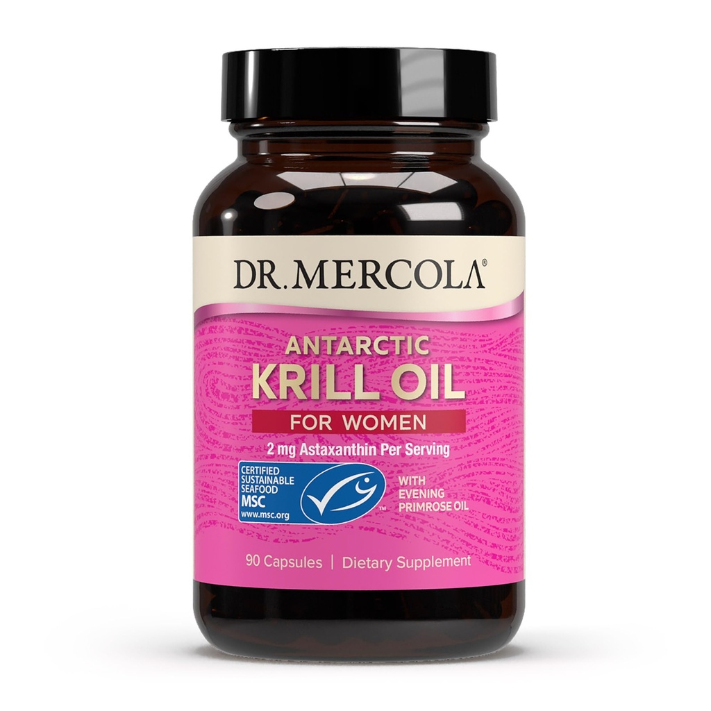 Dr. Mercola Krill Oil for Women - 2 mg Astaxanthin - MSC Certified Sustainable - Skin & Imune Systems - dengan Omegaga- Non-GMO, Gluten- Free & Soy- Free - 90 Capsules (30 Hamba)