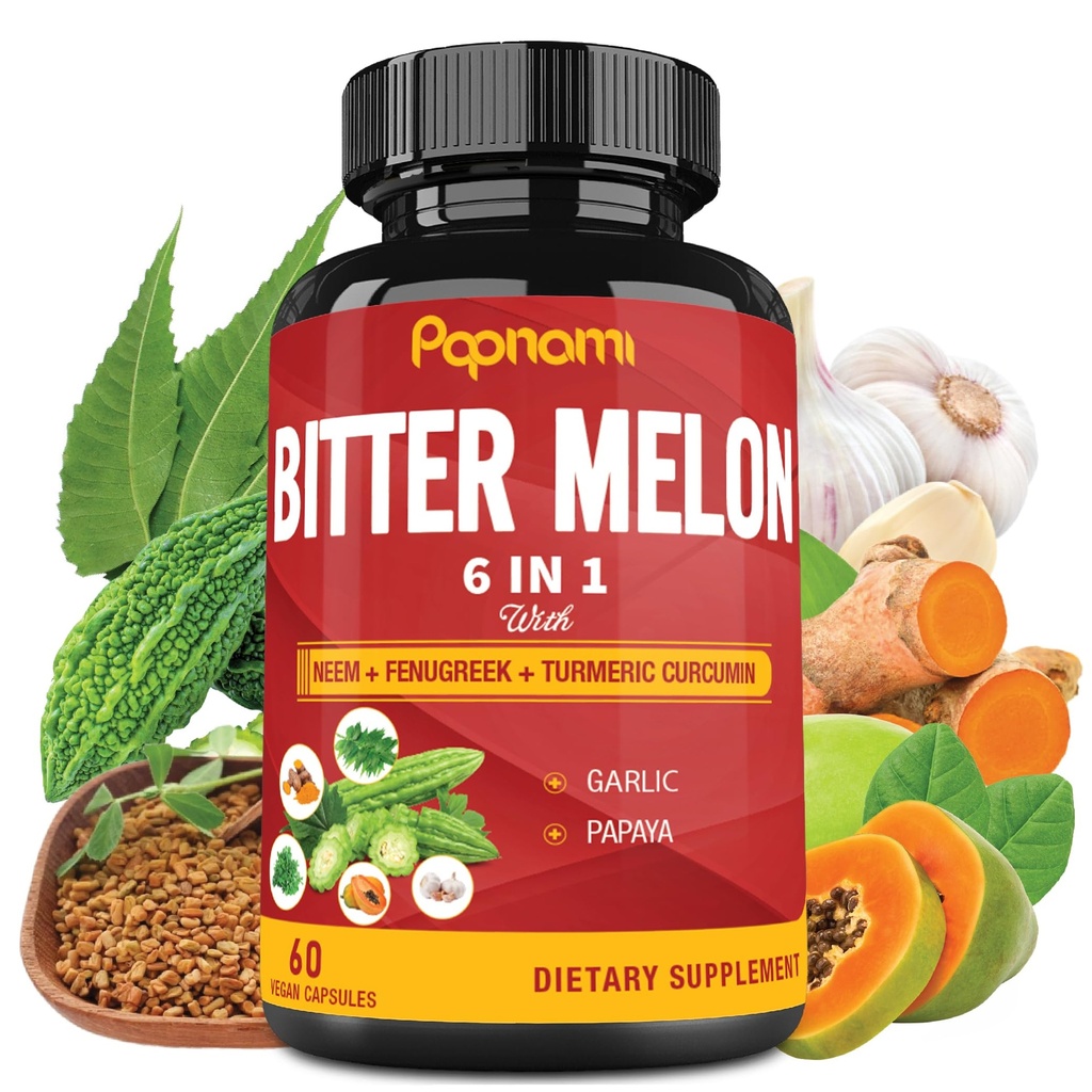 Bitter Organik Melon Extract Capsules - 60 Pills 2 Bulan - Combinted Neem, Fenugreek, Curcumin, Garlic & Papaya