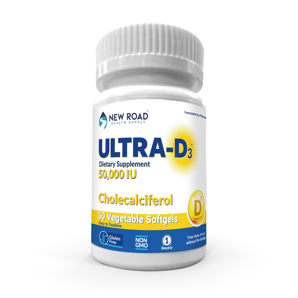 "New Road Health Supply", "High-Potency Vitamin D3 50.000 IU", sekali - "Weekly Softgel", "Bone", "Teth & Imune Health", Easy- To- Swallow, Gluten- Free, 50 Count