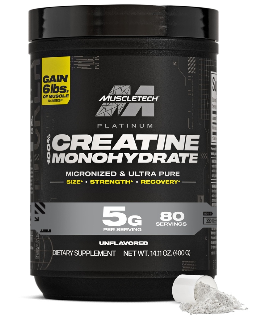 MuscleTech Creatine Monohydrate Powder, Platinum Pure - Unflashorized Micronized Creatine Creakout Suplemen Performance, Muscle Recovery & Builder- (80 Servings) Paket May Wary