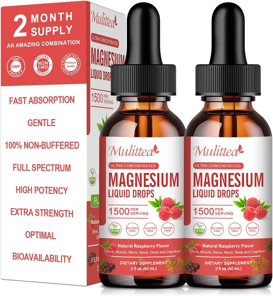 (2 Paket) Magnesium Glycinate Liquid Drops w / 1500mg Magnesium Glycinate, Tabarte, Malate, Citrate, Calcium Plus Potolar untuk Nerve, Bone, Heart Health Zzz -Tinggi Absorption - Raspberry Flavor