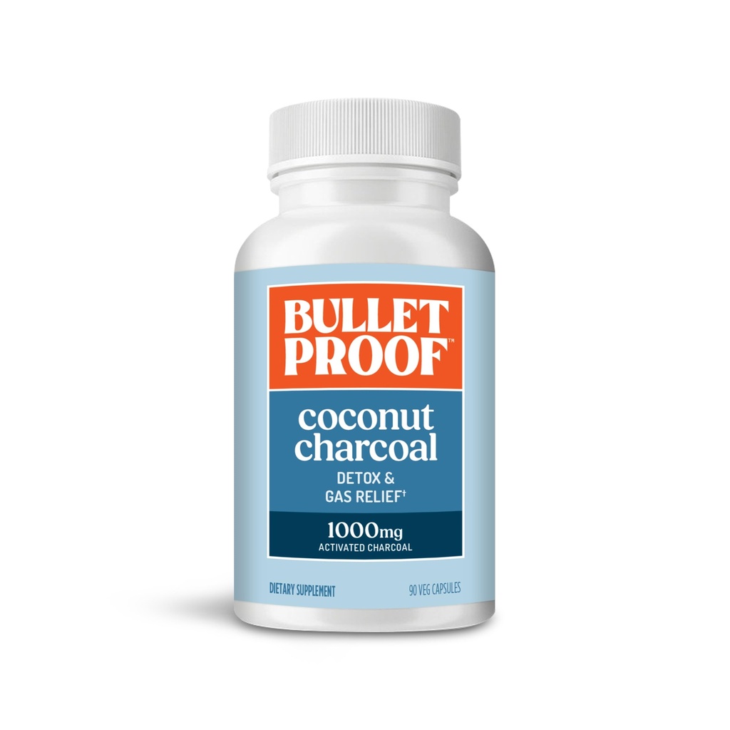 Bulletproof Coconut Charcoin Detox dan Gas Relief Capsules, 90 Count, Sumber daya dari 100% Coconut Shells, Mengaktifkan Arang untuk Bloating Dukungan, Paket May Vary