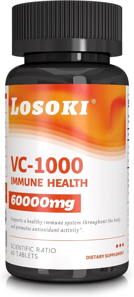 Losoki VC 1000 - Tinggi - Dose Vitamin C Suplemen untuk Dukungan Imune & Perlindungan Antioksidant - Buffered Formula dengan Powder Rose HIPS - 60 Tablet