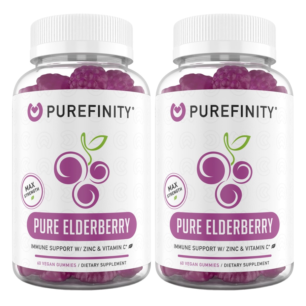 PrUREFINITY Elderberry Kimmies with Sambucus, Vitamin C, and Zinc - Your Perfect Daily 3-in- 1 Suplemen untuk Anak-Anak & Dewasa - Gluten Bebas, Non- GMO, Vegan, 60 Count (Paket 2)