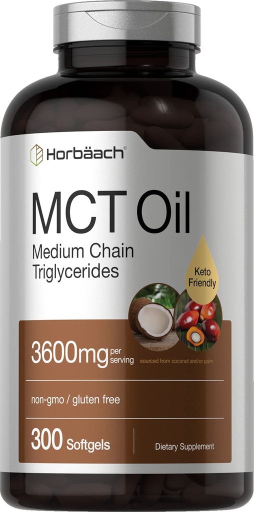 Horbäach MCT Oil Pills 124; 3600mg 124; 300 Softgel Capsules 124; Keto Tambahan dari Coconut 124; dengan Capric Accid 124; Non-GMO, dan Gluten Free
