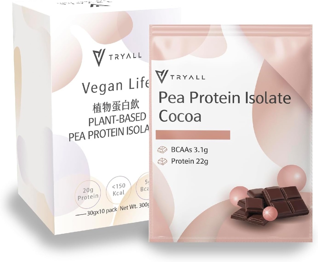 TRYALL Plant Based Pea Protein Powder Isolate (22g Protein) Travel Sachets (Cocoa Milk, 10 Paks)
