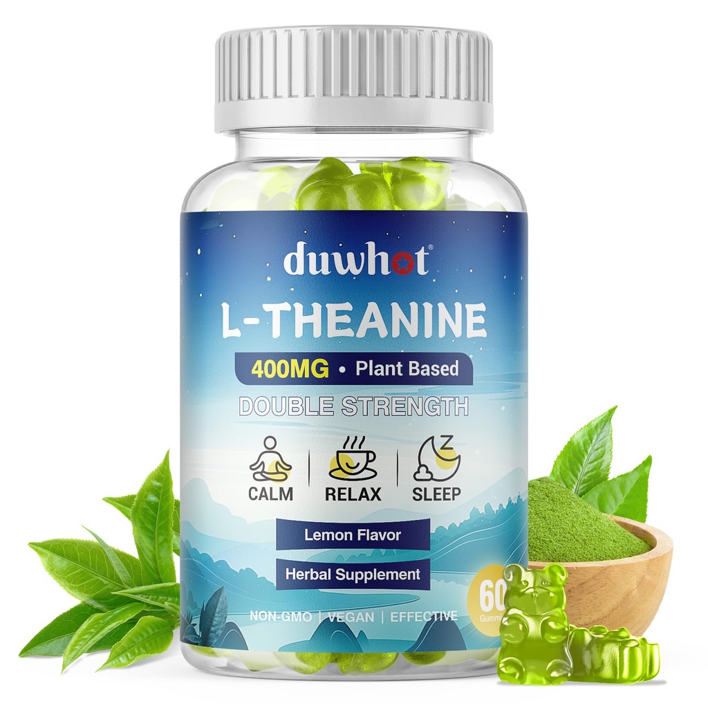 L- Theanine Gummies 400mg, Suplemen Teanine Chewable untuk Dewasa & Anak 4 +, Relief Stress Alam, Suplemen zzZ & Focus, Vegan, Rendah Gula, Non-Drowsy, Lemon Flavor, 60 Chewables