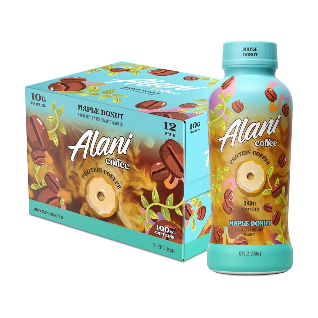 Alani Nu Protein Coffee MAPLE DONUT 124; Ready To Drink Cold Brew with 10g of Protein 14; 100mg Caffeine 12.90 Calories, Alamly Flavored 124; 12 Fl Oz Bottle 124; 12 Pack