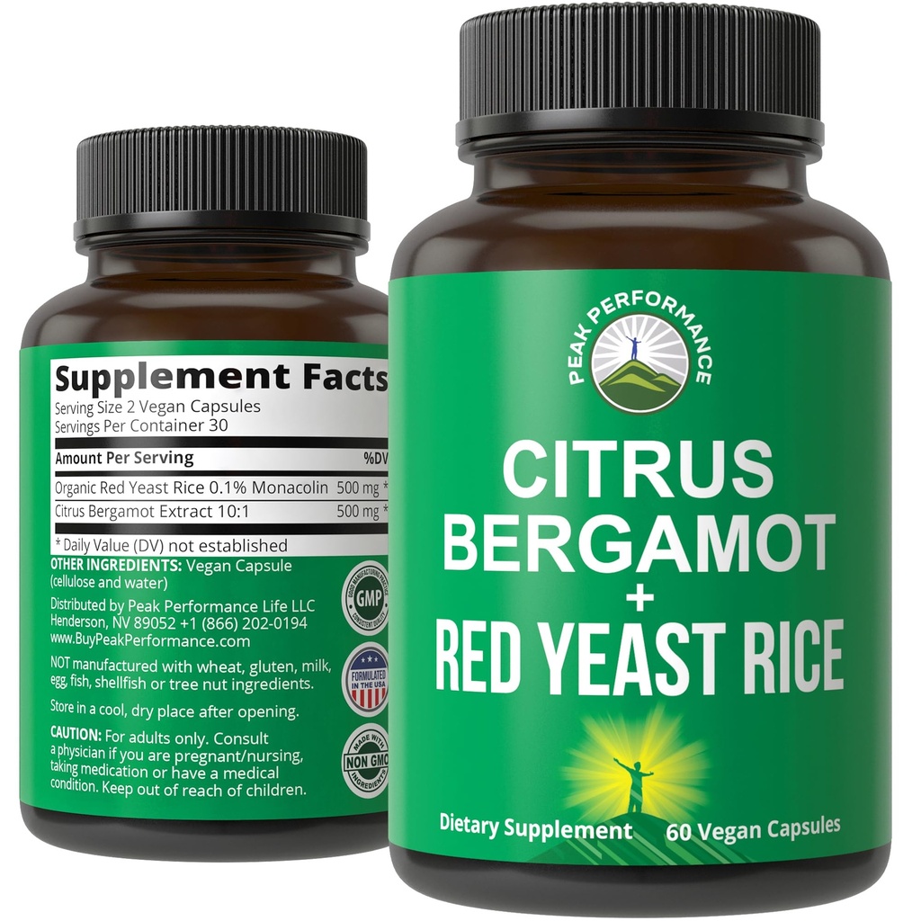 Citrus Bergamot + Red Yeast Rice. 2-in-1 Tambahan. Kekuatan tinggi 10: 1 Ekstrak Bergamot. Tanpa Gluten, Zero Sugar, Vegan Capsules