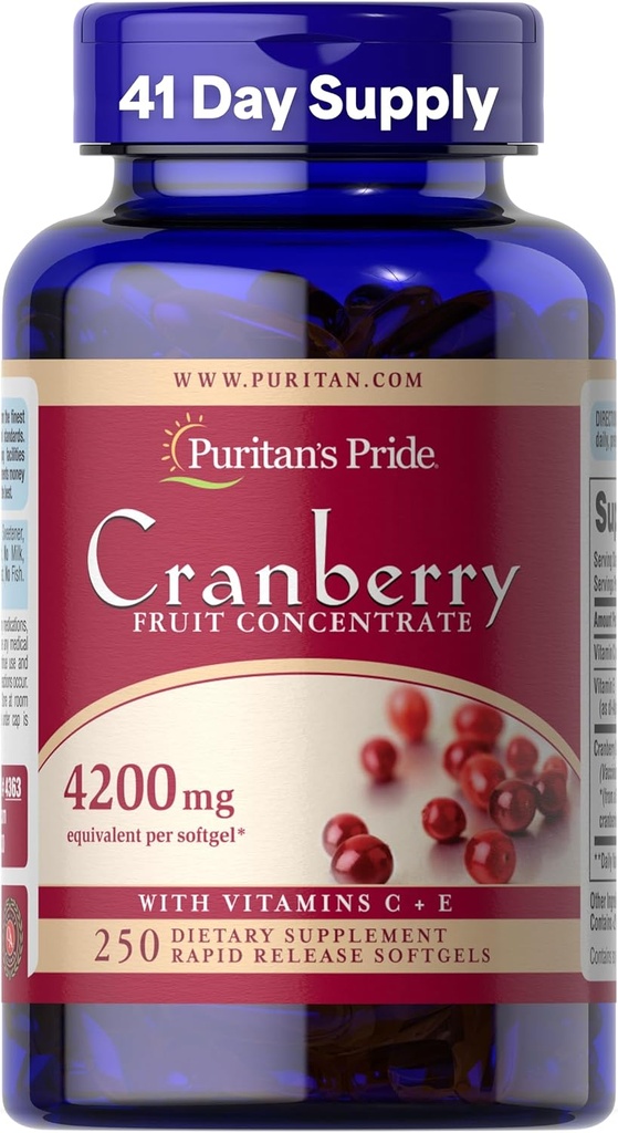 Puritan 's Pride Premium Cranberry Fruit Concent 84 mg (4200 mg ekuivalen) dengan Vitamin C dan E, Dietary Support untuk Immune System, 4 Bulan Supply, 250 Rapid Rapid Lepaskan Softgels