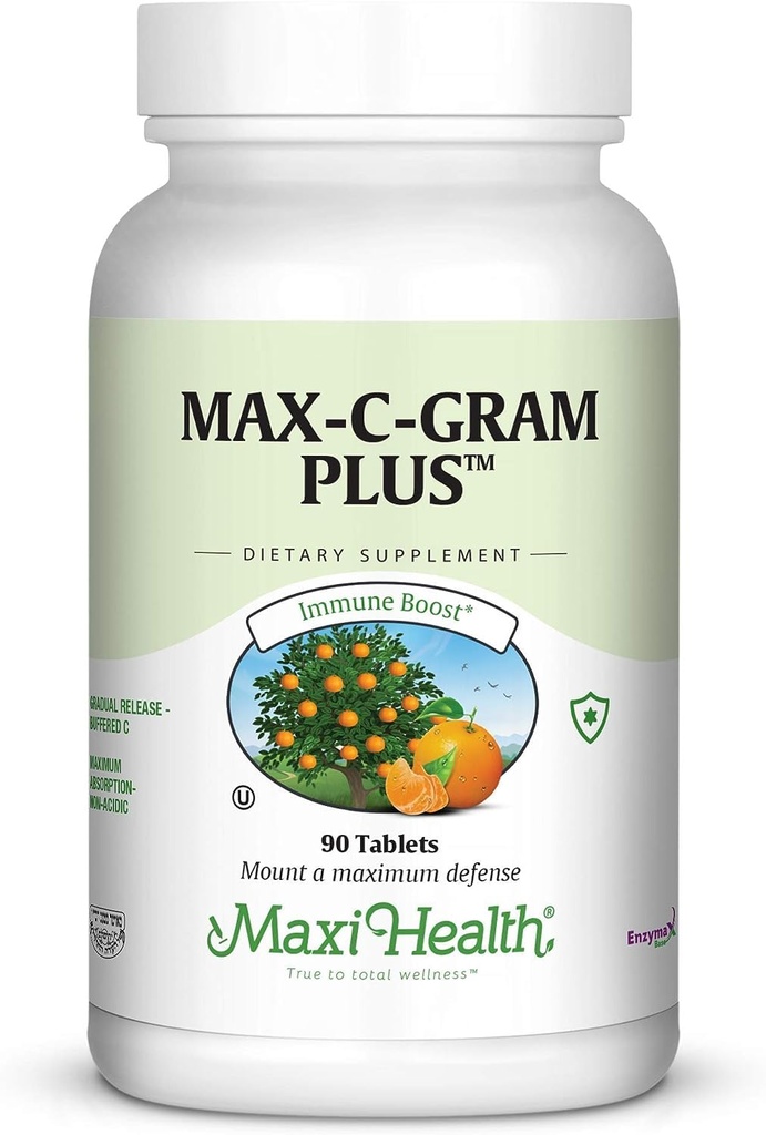 Maxi Health Vitamin C 1050mg - Buffered C Complex with Calcium Accorbate & Bioflavonoid - Imune Supplemen Dukungan, Non-Acidic, Gentle on Stodach, Gradual Pelepasan - 90 tablet