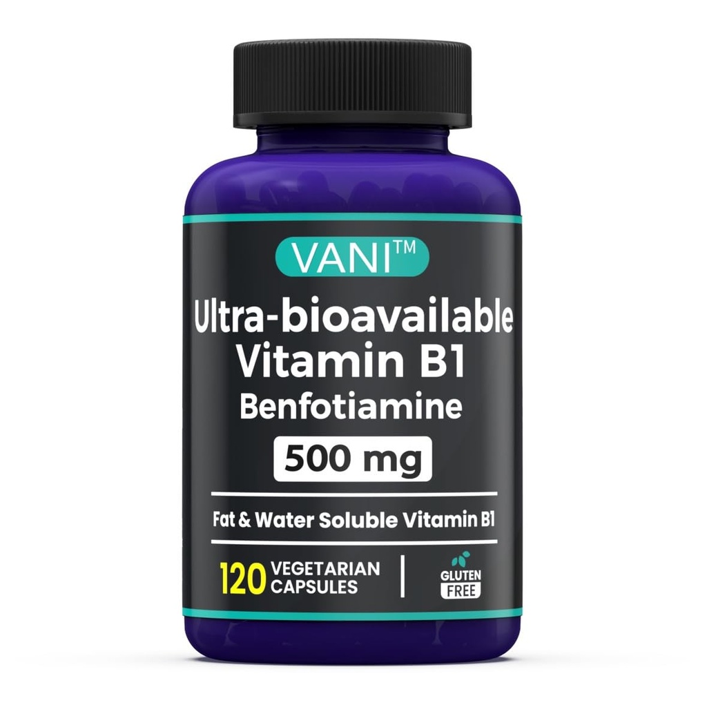 VANI 500MG Benfotiamine dengan B1, 5X Time Fat & Water Soluble Thiamine B1 Suplemen - Partai Ketiga Diuji, Tidak Gluten (120 Kapsul)