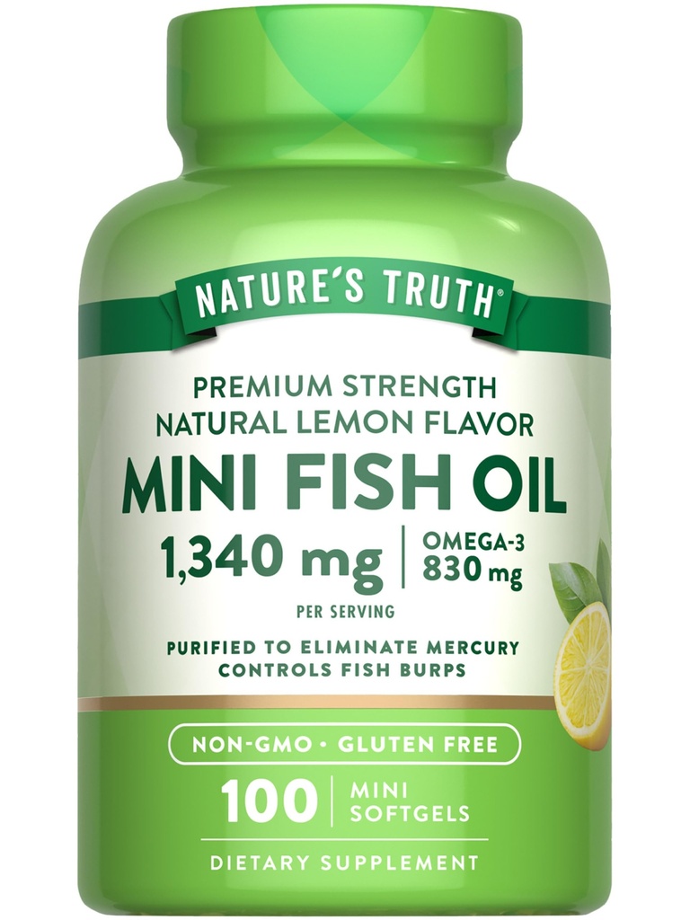 Nature 's Truth Mini Fish Oil Omega 3 134; 1340 mg 124; 100 Softgels 14; Burpless Lemon Flavor 126; Non-GMO & Gluten Free Suplemen