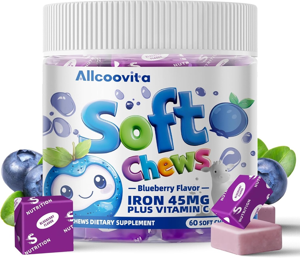 Iron Soft Chews Suplement with Vitamin C 126; Blueberry Flavored 124; Gluten Free Supplemen Besi Pria dan Anak-Anak; 60 Count 124; 2 Pasokan Bulan