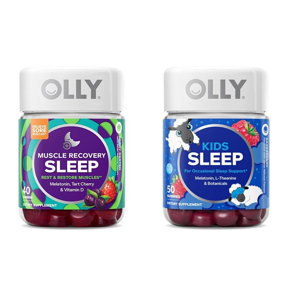 OLLY Muscle Recovery Gummies with Tart Cherry, 40 Count and Kids Sleep Gummy with Meltonalin, Chamomile, 50 Count