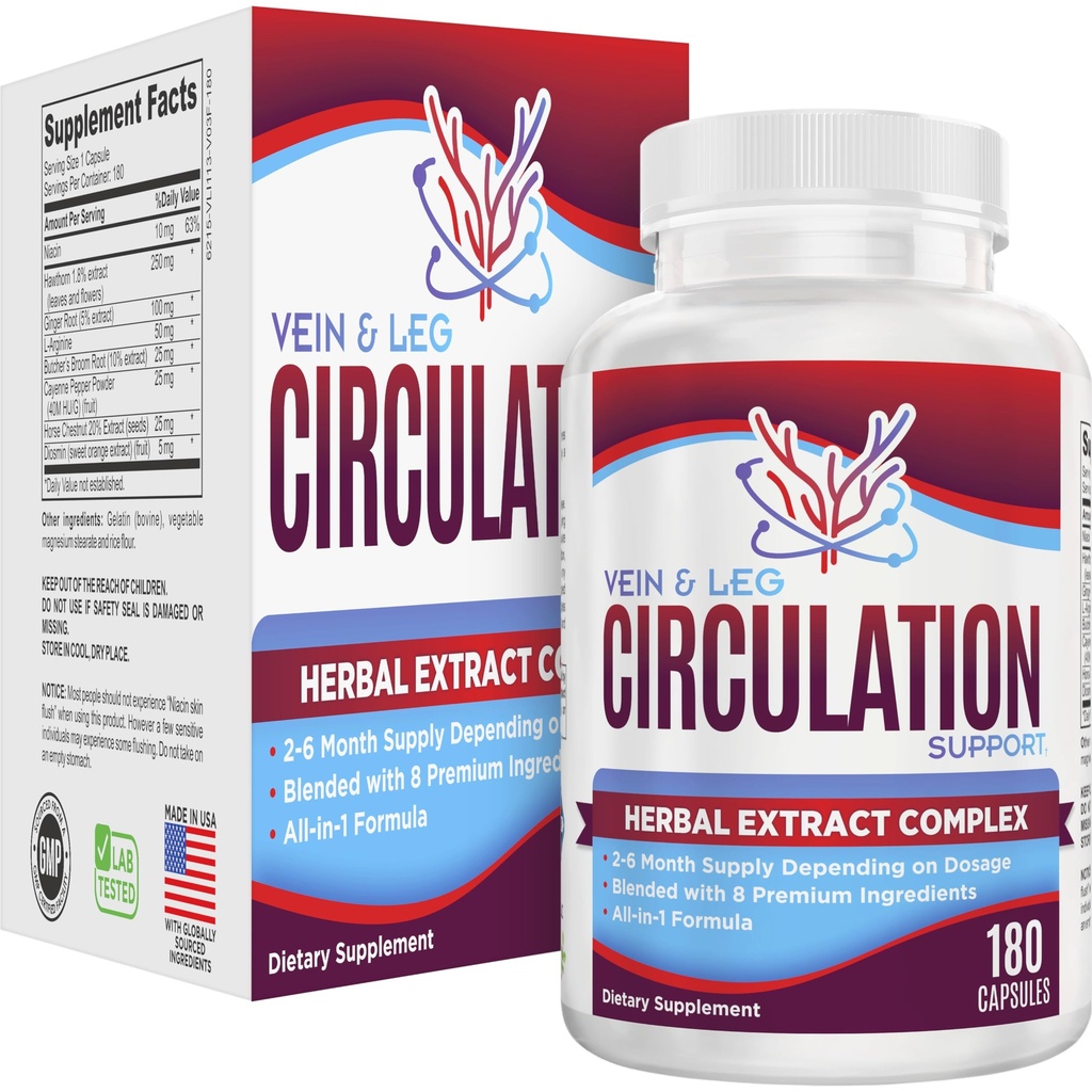 2 Bulan: Vein & Leg Circulation Supplement (All-in-1) Dukungan Kesehatan dengan 8 Aktif Ingrediment 124; Sirkuit Darah Formula Bomula 124; Tambahan Leg & Vein 124; 60- Hari Suply Bulk 124; 180 Capsules