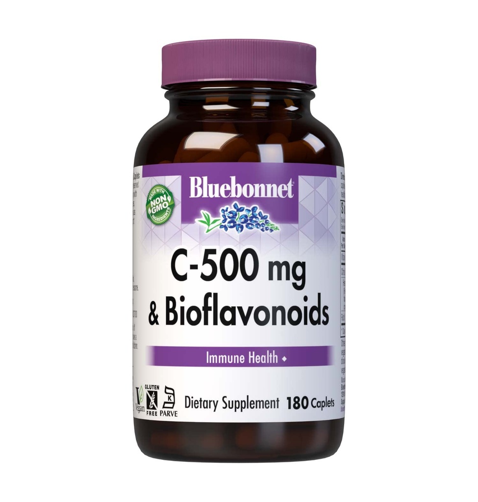 Bluebonnet Nutrition C-500 mg Plus Bioflavonoid Caplet, Vitamin C 500 mg, Citrus Bioflavonoid 250 mg, untuk Imune Health, Soy Free, Gluten Free, Non-GMO, Kosher, Dairy Free, Vegan, 180 Caplets