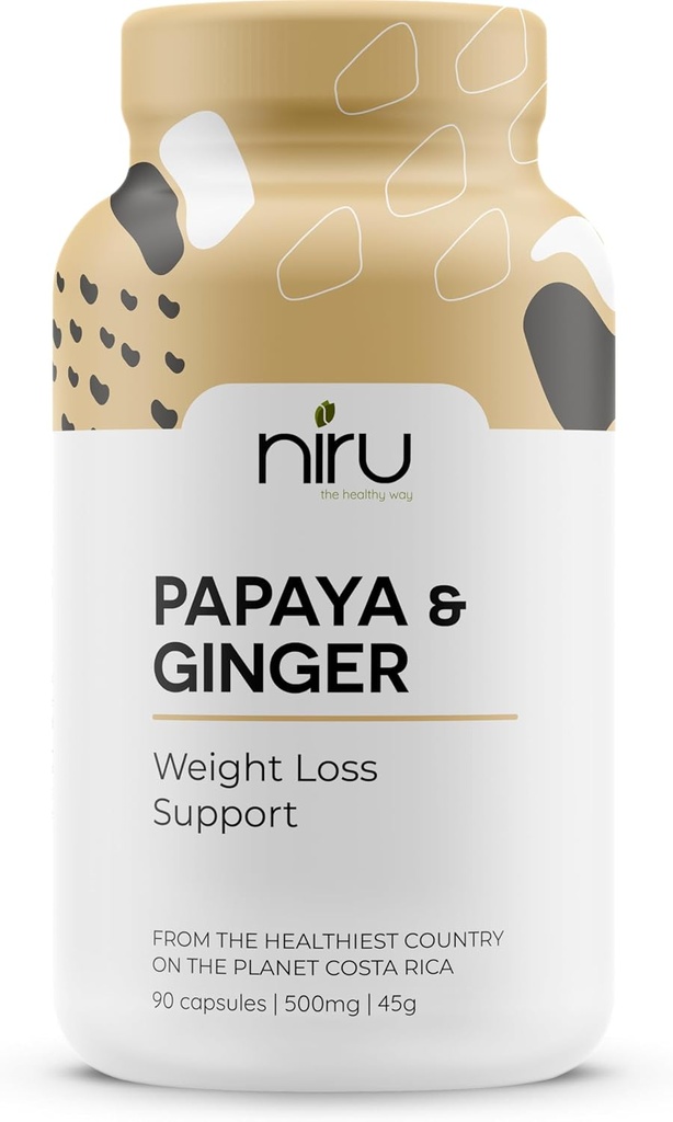 Pepaya Ginger de Costa Rica-Niru Life. Blue Zone Papaya Ginger Capsules. Single Origin Pepaya Benih dan Ginger Root Blend. Dukungan distribusi, Detox, & Metabolisme Boost. 90ct. 500mg Caps.