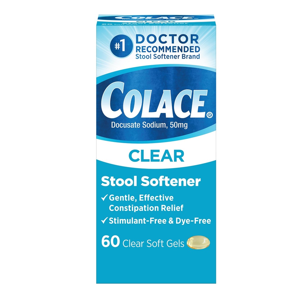Colace Clear Stool Softtener for Gentle Effective Constipation Relief, # 1 Doctor Rekomendaded Stool Softtener Brand, Dye Free, 50 mg Docurate Capsules, 60 Count