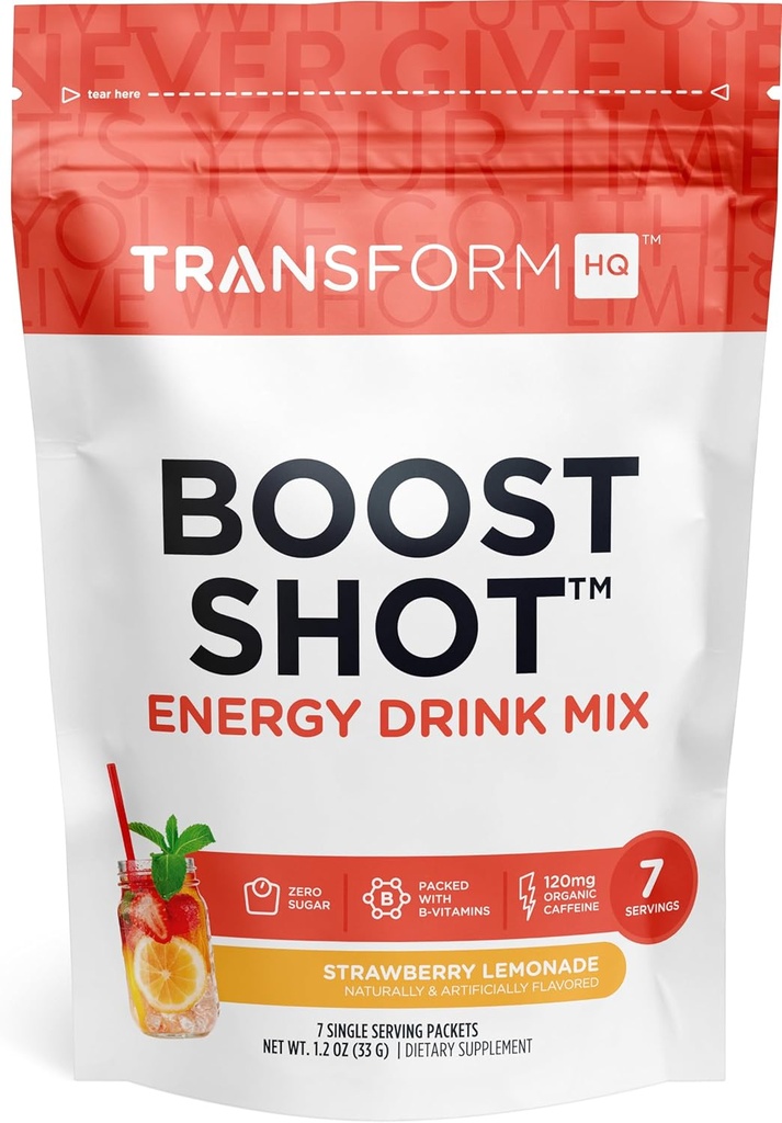 TransformHQ Boost Shound Powder Minum Paket Stick, Strawberry Lemonade, 7 Pack, Suplemen Energi untuk Perempuan & Pria, dengan Caffeine, Vitamin B12, B9, B6 & B3