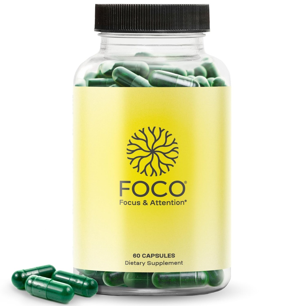 Pikirkan FOCO Capsules (13 +) Suplemen Fokus Alam untuk Remaja & Dewasa - Otak Nootropic untuk Konsentrasi, Memori, Kejelasan Mental, Enhancement Vitamin Kognitif - Suplemen Perhatian - 60 Kapsul