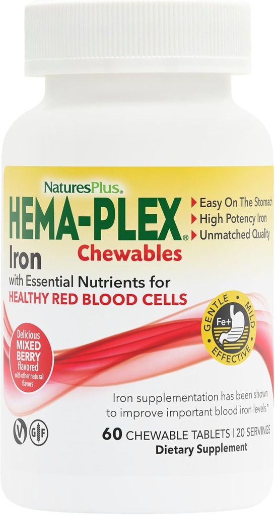 Natures Plus Hemal-Plex Iron - 60 Mixed Berry Chewables - 85 mg Elemental Iron - Total Blood Health - dengan Vitamin C & Bioflavonoid - Non-GMO, Vegan & Gluten Free - 20 Servings