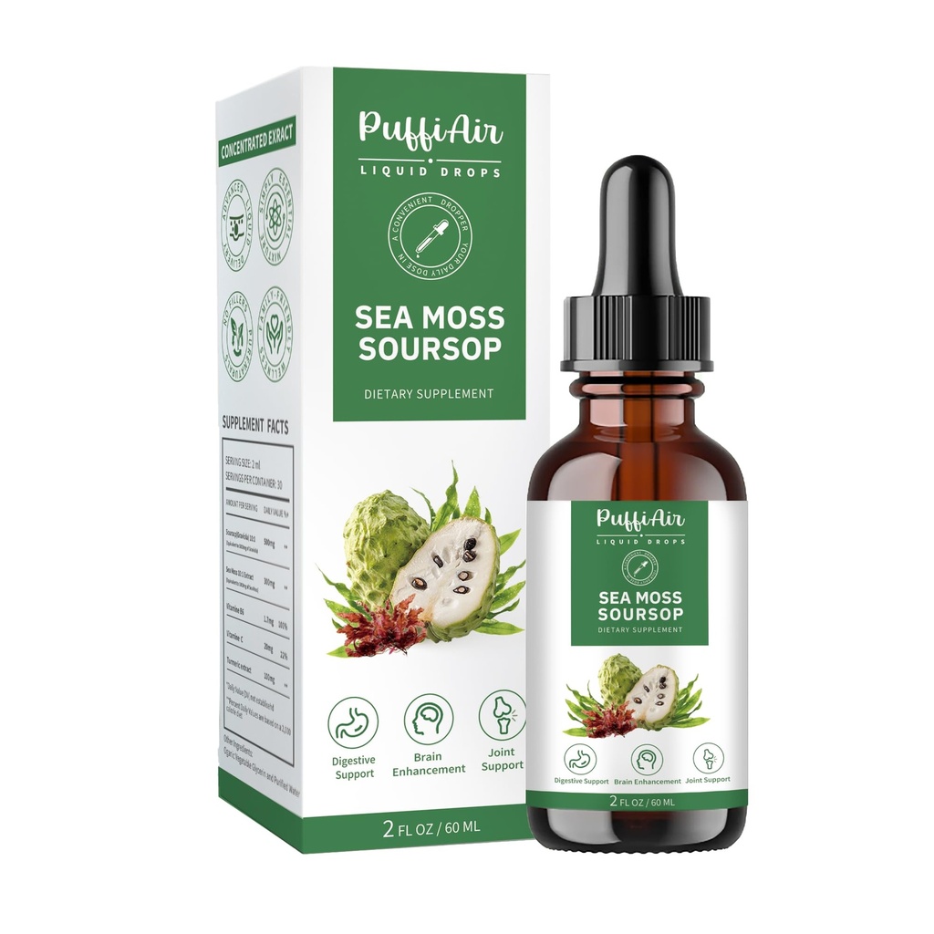 Soursop PUFFIAR (Graviola) & Sea Moss Liquid Drop untuk Dukungan Sel & Regeneration, Ammune Boost, Relax, Liver dan Sleep, Herbal Extract, Sugar / Gluten Free, Natural Flavor, 2 Fl Oz / 60ml