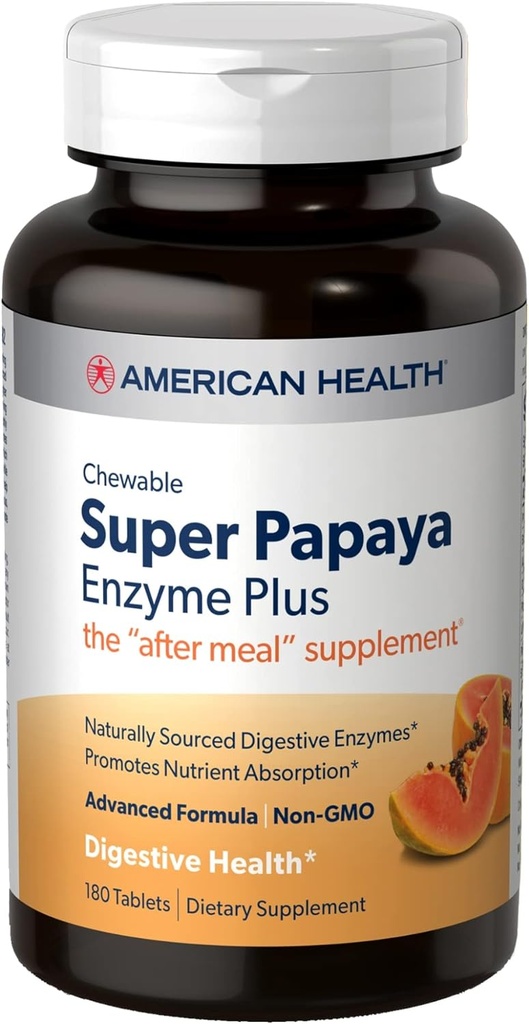 American Health Super Papaya Enzyme Plus - 180 Chewable Tablet - The After-Meal Supplement - Non-GMO - 60 Servis