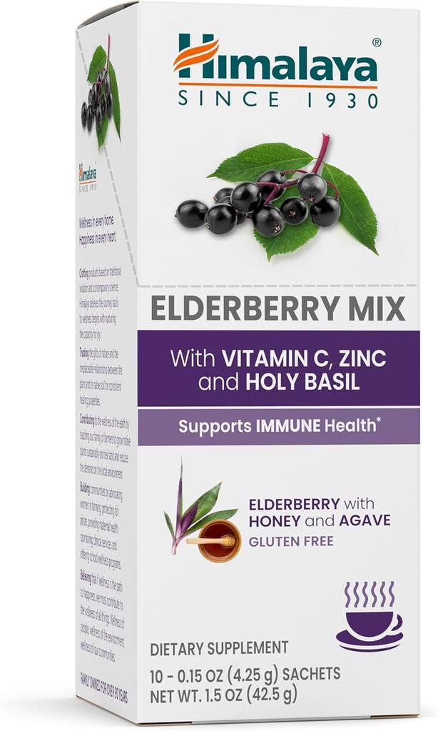 Himalaya Elderberry Mix, Minum Mix Tambahan, Dukungan Imune dengan Elderberry, Zinc, Vitamin C dan Basil Kudus, Kafein Bebas, 100.15 oz (4.3 g) Paket, Mudah untuk Mix, Gluten Bebas