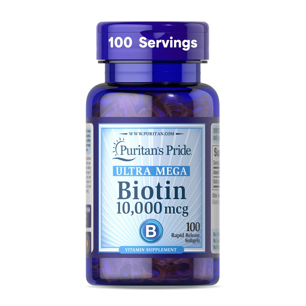 Puritan 's Pride Premium Ultra Biotin 10,000mcg, Dietary Suplemen untuk Rambut Sehat, Skin, Nails, dan Energi Metabolisme Dukungan, 100 Hari Suppply, 100 Rapid Rapid Melepaskan Softgels
