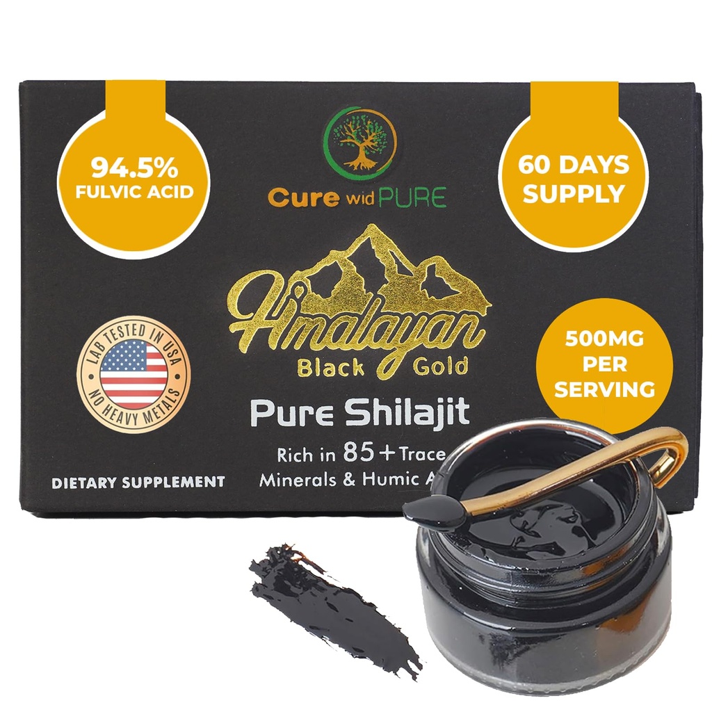 Cure wid Pure Himalaya Shilajit for Men & Women - 94,5% Fulvic Acid Resin, 500 mg 60 Servings - USA Buruh Tested Organic Adaptogen for Energy, Vitalitas & Hormonal Saldo