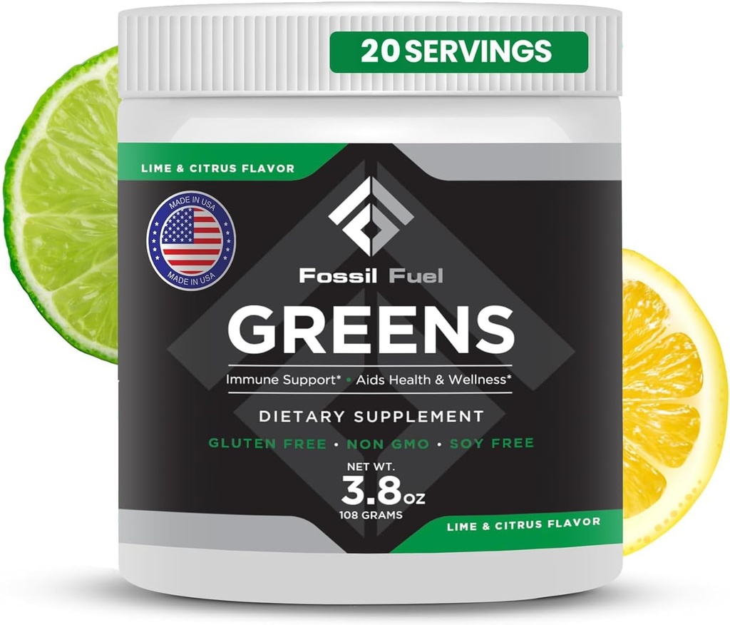 Fossil Fuel Super Greens Powder Premium Superfood 124; 40 + Organic Nutrients 124; Green Veggie Whole Foods, Wheatgrass, Spirulina, Kale for Energy, Gut Health, Detox Cleanse (20 Pelayan)
